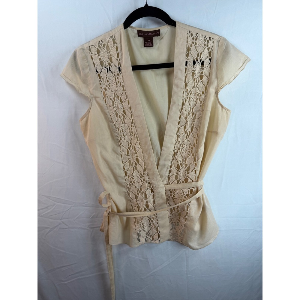 Y2K Bandolino Women Cream Cotton Crochet Lace Wrap Blouse‎ Tie Waist Top 10